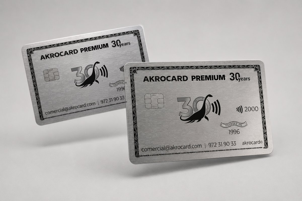 Two stainless steel Akrocard Premium metal cards with laser engraving
