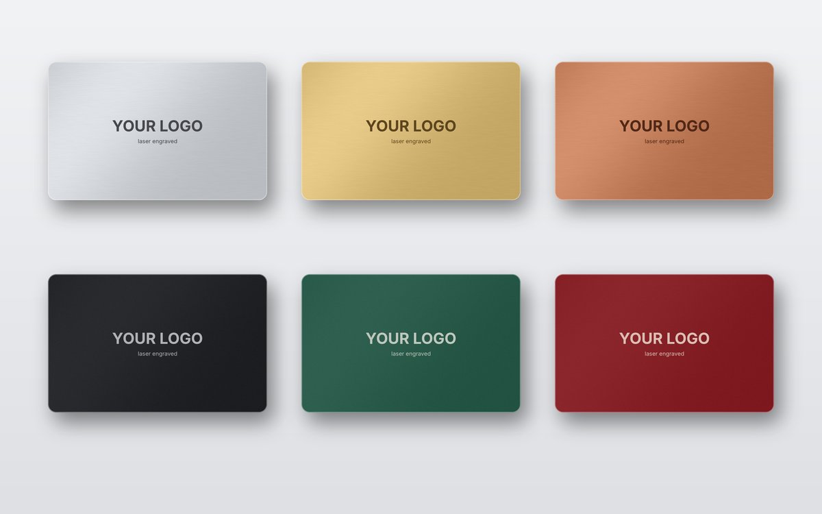 Metal cards in silver, gold, copper, black, green and red with laser engraving